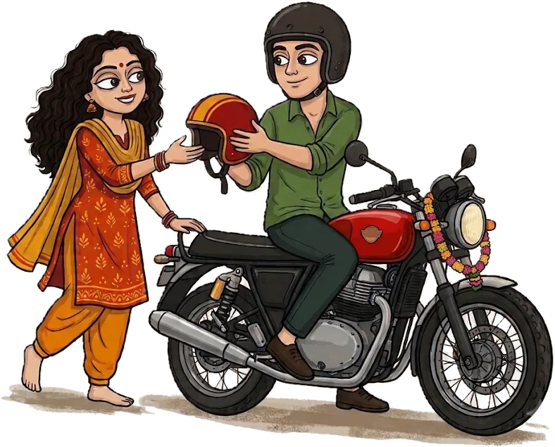 Illustration of Soumavo on his motorbike handing Shinjini a helmet