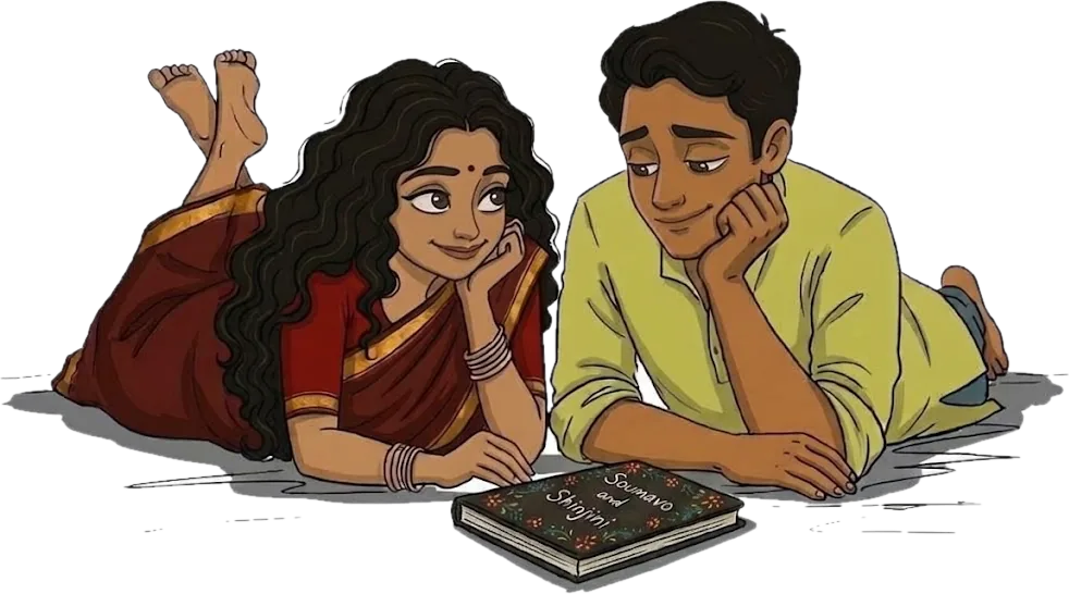 Illustration of Shinjini and Soumavo lying beside their diary