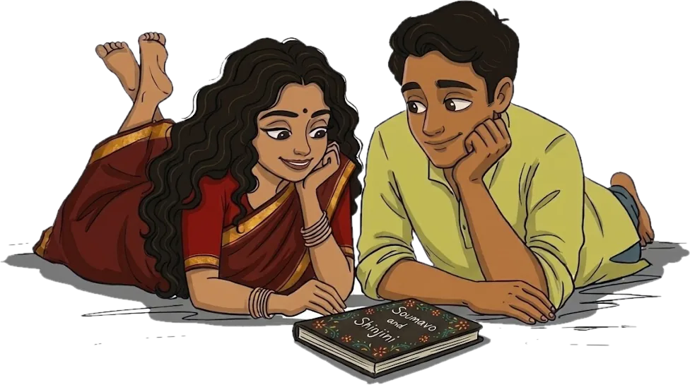 Illustration of Soumavo and Shinjini lying beside their diary