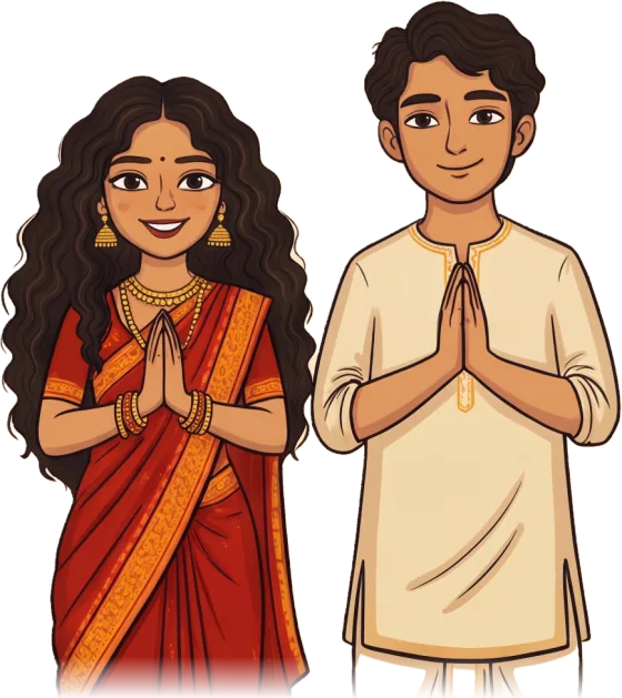 Illustration of Shinjini and Soumavo greeting with folded hands