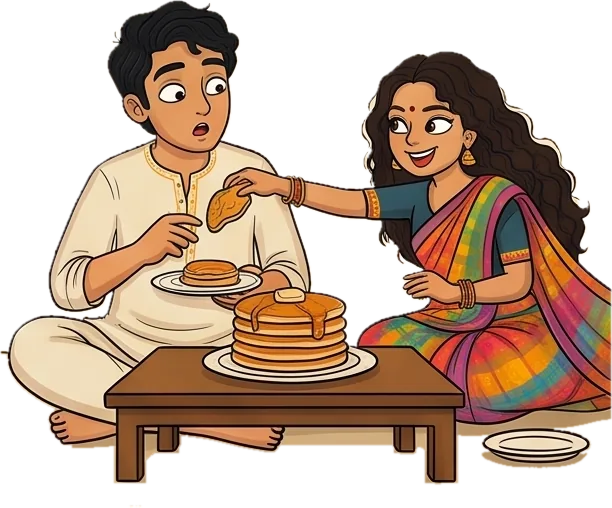 Illustration of Shinjini snatching a pancake from Soumavo's plate
