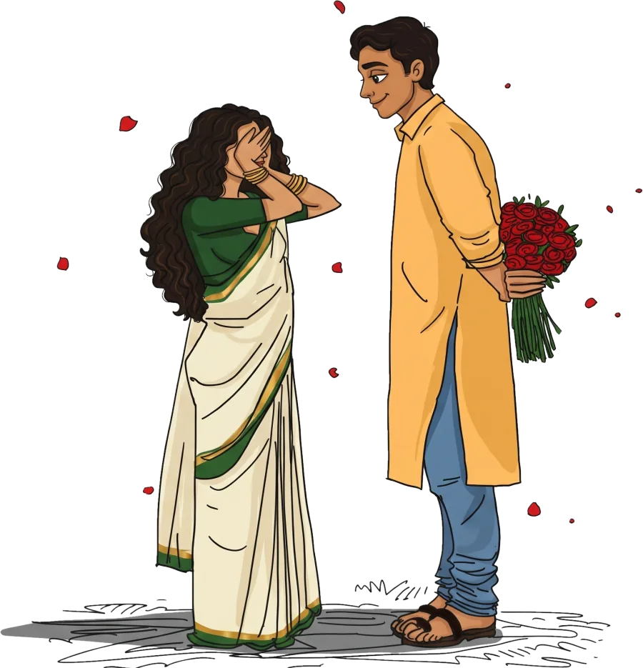Illustration of Soumavo hiding a bouquet of roses behind his back as a shy Shinjini covers her face